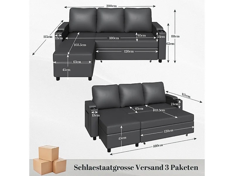 Canapé convertible, canapé d'angle avec rangement, canapé-lit avec accoudoirs 6 places multifonctionnel pour salon, bureau et petit appartement