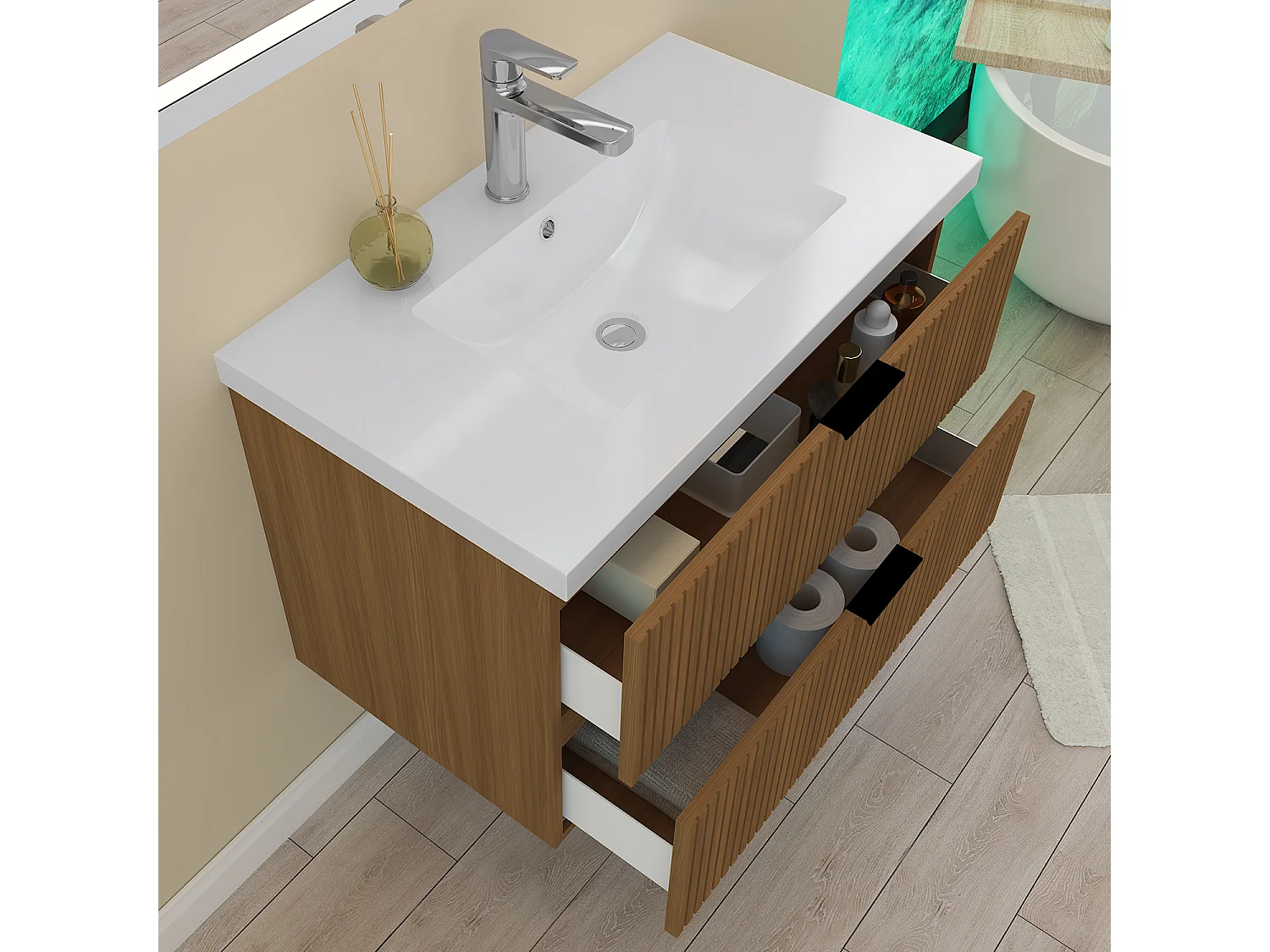 AICA Mueble de Baño con Lavabo,79 x 46 x 52 cm,2 Cajones, Altura 52 cm,Marrón nogal, Estilo Moderno