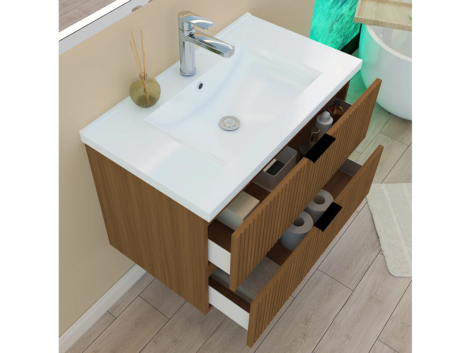 AICA Mueble de Baño con Lavabo,79 x 46 x 52 cm, 2 Cajones, Altura 52 cm,Color Marrón nogal, Estilo Moderno
