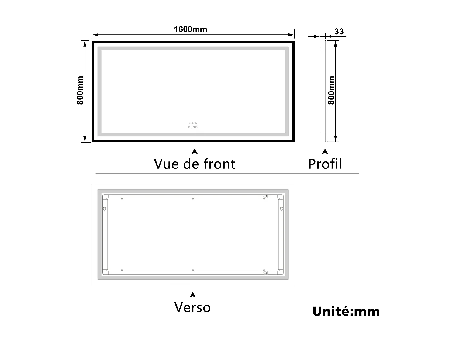 Aica Miroir lumineux de salle de bain Bluetooth 160x80cm Avec Horloge + 3 Couleurs + Dimmable + Anti-Buée, Noir Cadre Non-Métallique