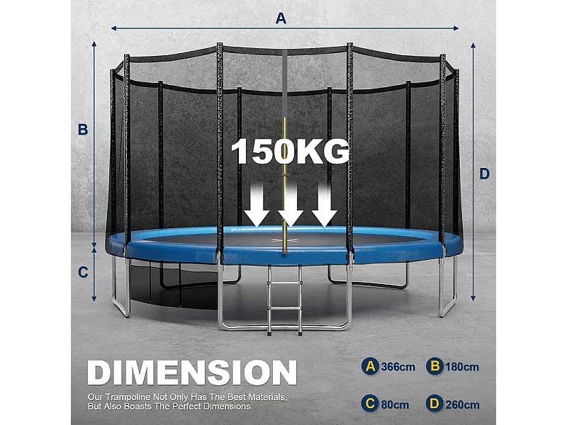 Trampoline d'extérieur Ø183/228/305/366/435 cm, trampoline de jardin robuste, cadre en acier galvanisé avec sac de rangement, pour enfants et adultes