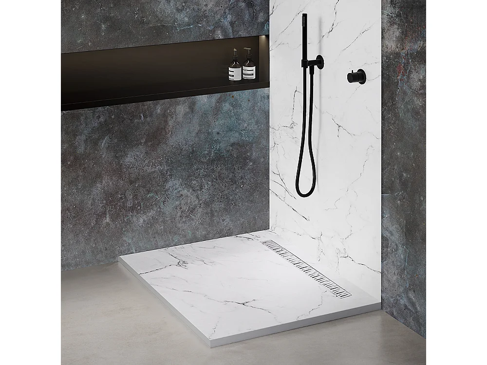 Receveur de douche 70x70 cm en résine effet marbre blanc – caniveau linéaire excentré/centré inox blanc, siphon ultra-plat + natte étanche