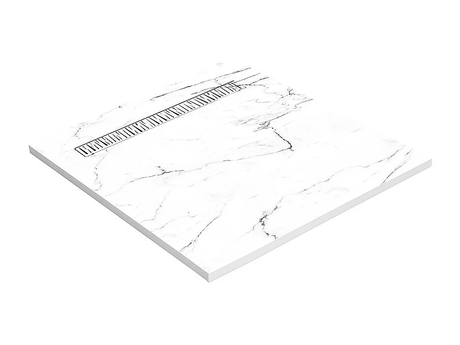 Receveur de douche 70x70 cm en résine effet marbre blanc – caniveau linéaire excentré/centré inox blanc, siphon ultra-plat + natte étanche