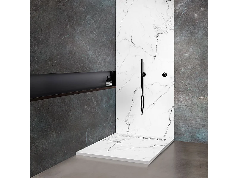 Receveur de douche 70x70 cm en résine effet marbre blanc – caniveau linéaire excentré/centré inox blanc, siphon ultra-plat + natte étanche