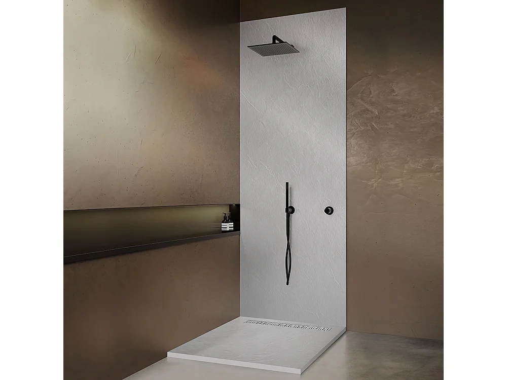 Receveur résine 80x80 cm blanc imitation ardoise - grille caniveau excentrée