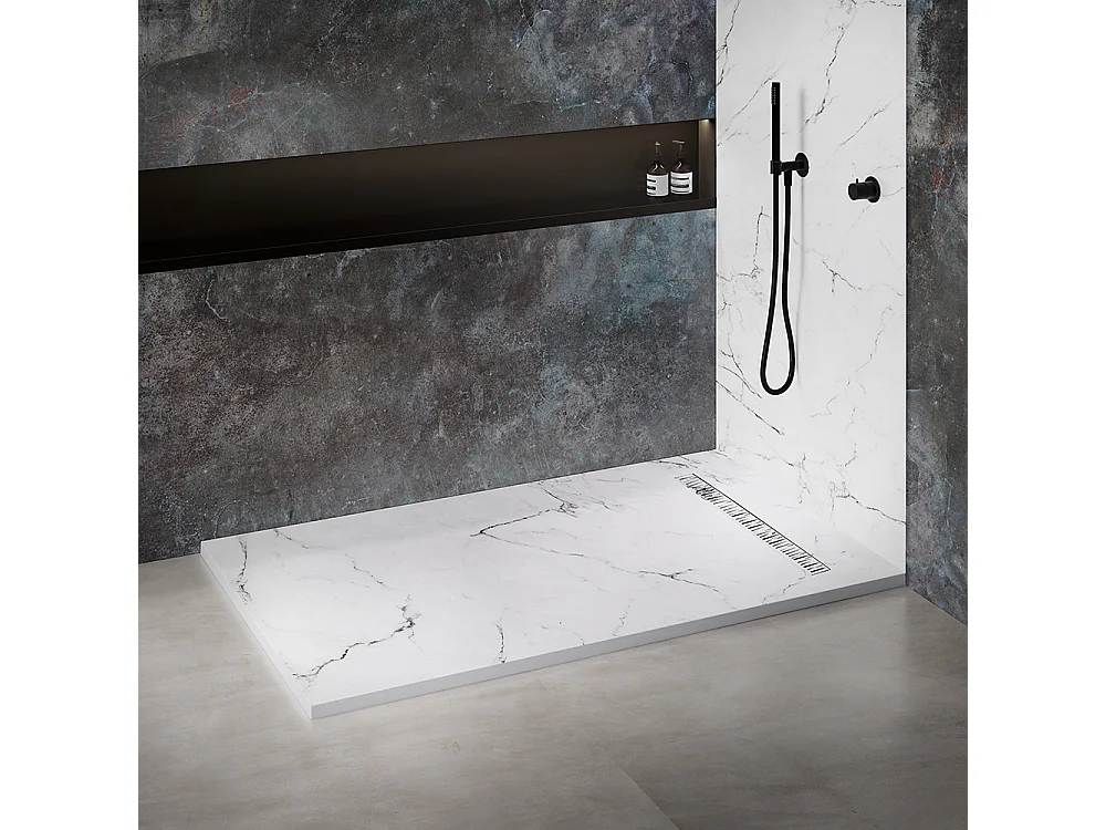 Receveur de douche 160x80 cm en résine effet marbre blanc – caniveau linéaire excentré/centré inox blanc, siphon ultra-plat + natte étanche
