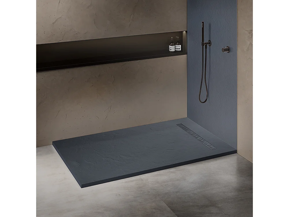 Receveur résine 140x90 cm gris ardoise imitation ardoise - grille caniveau excentrée