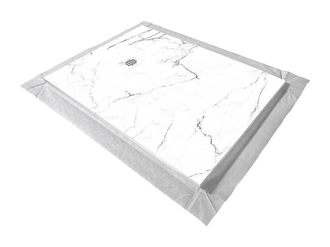 Receveur de douche en résine 120 x 90 cm imitation marbre blanc – grille carrée inox blanc excentrée