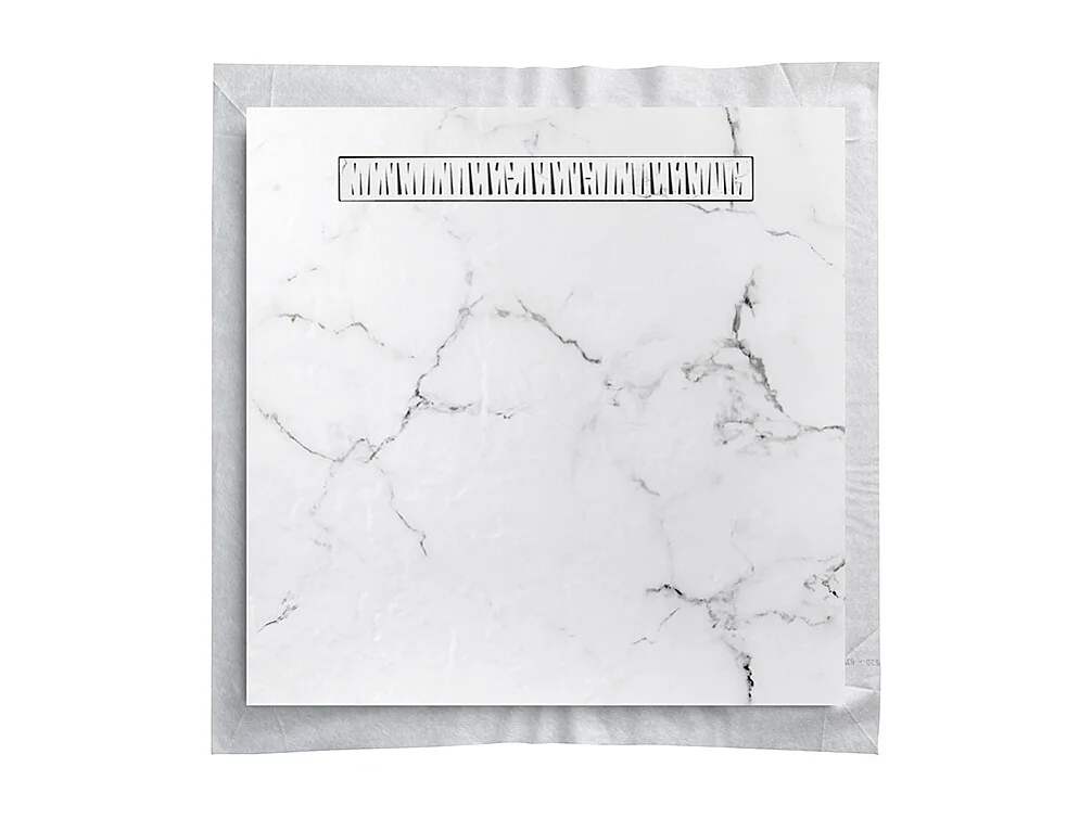 Receveur de douche 80x80 cm en résine effet marbre blanc – caniveau linéaire excentré/centré inox blanc, siphon ultra-plat + natte étanche