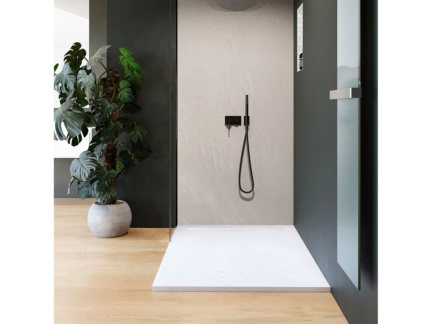 Receveur résine 120x80 cm blanc imitation ardoise - grille caniveau excentrée