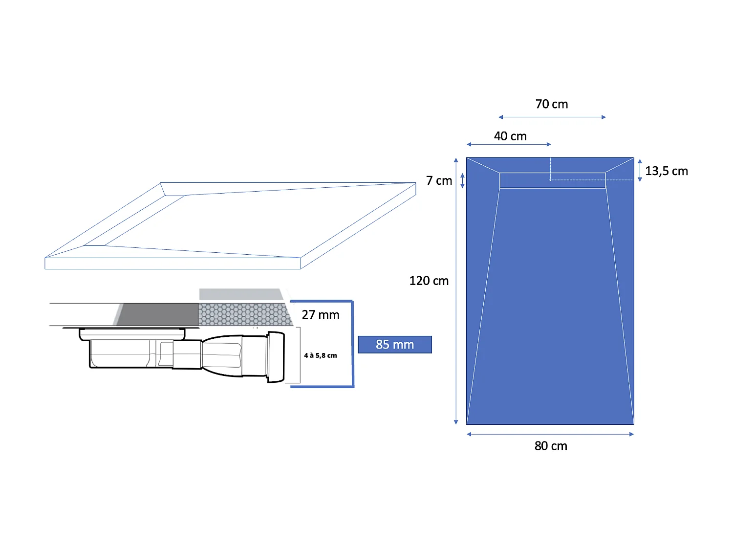 Receveur résine 120x80 cm blanc imitation ardoise - grille caniveau excentrée