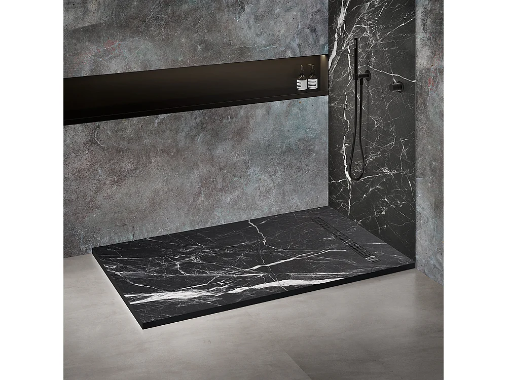 Receveur de douche 200x100 cm en résine effet marbre noir – caniveau linéaire excentré/centré inox noir marbre, siphon ultra-plat + natte étanche