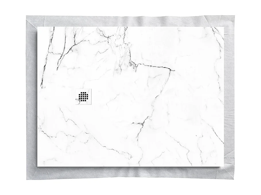 Receveur de douche en résine 160 x 90 cm imitation marbre blanc – grille carrée inox blanc excentrée