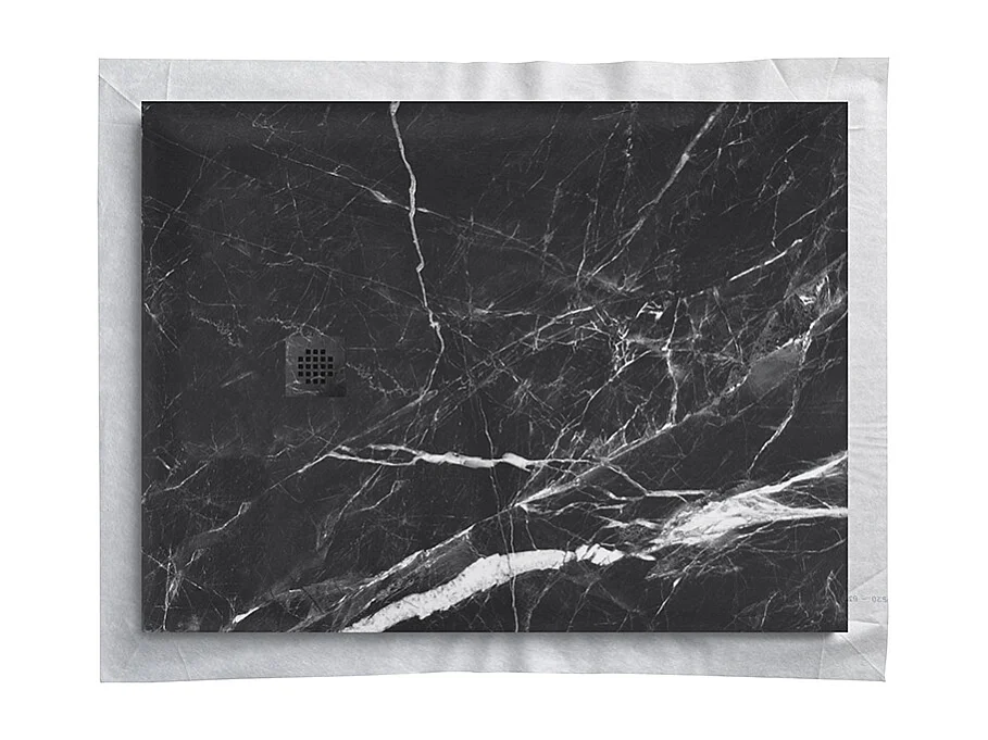 Receveur de douche en résine 120 x 90 cm imitation marbre noir – grille carrée inox noir excentrée