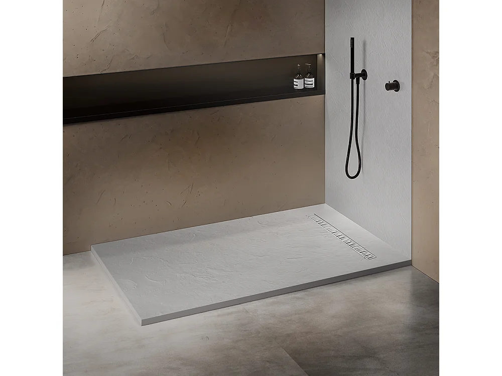 Receveur résine 160x80 cm blanc imitation ardoise - grille caniveau excentrée