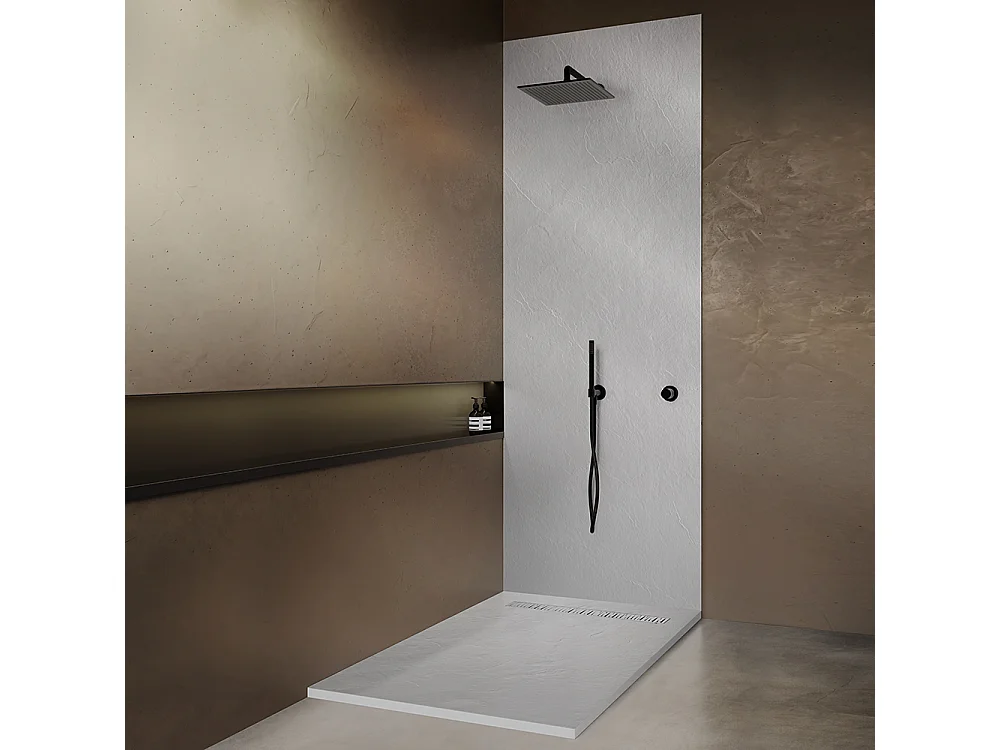 Receveur résine 160x80 cm blanc imitation ardoise - grille caniveau excentrée