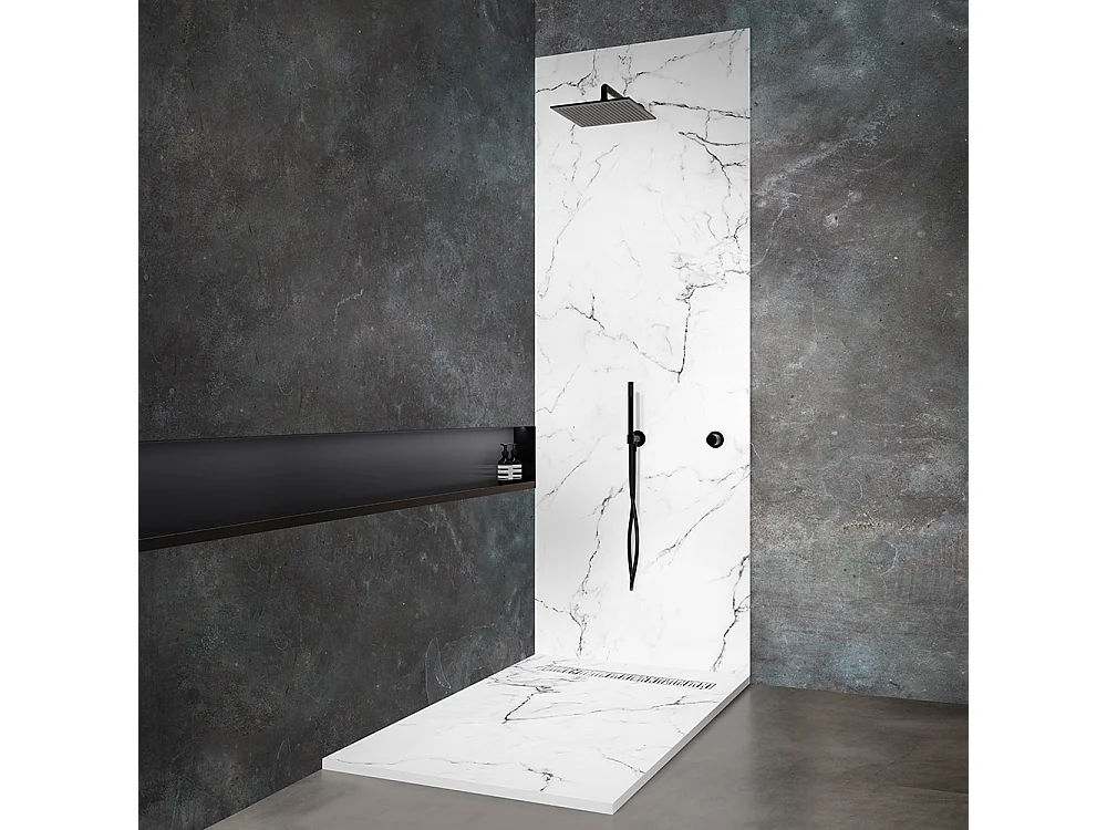 Receveur de douche 180x80 cm en résine effet marbre blanc – caniveau linéaire excentré/centré inox blanc, siphon ultra-plat + natte étanche