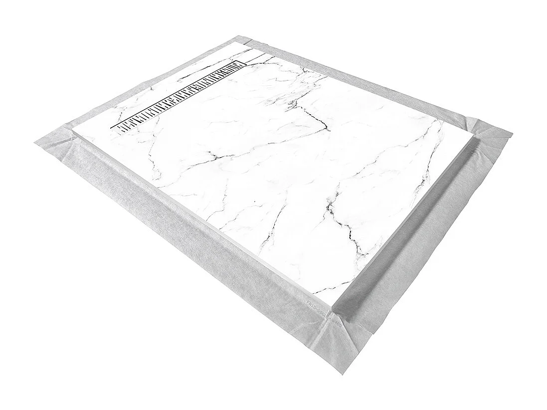 Receveur de douche 150x100 cm en résine effet marbre blanc – caniveau linéaire excentré/centré inox blanc, siphon ultra-plat + natte étanche