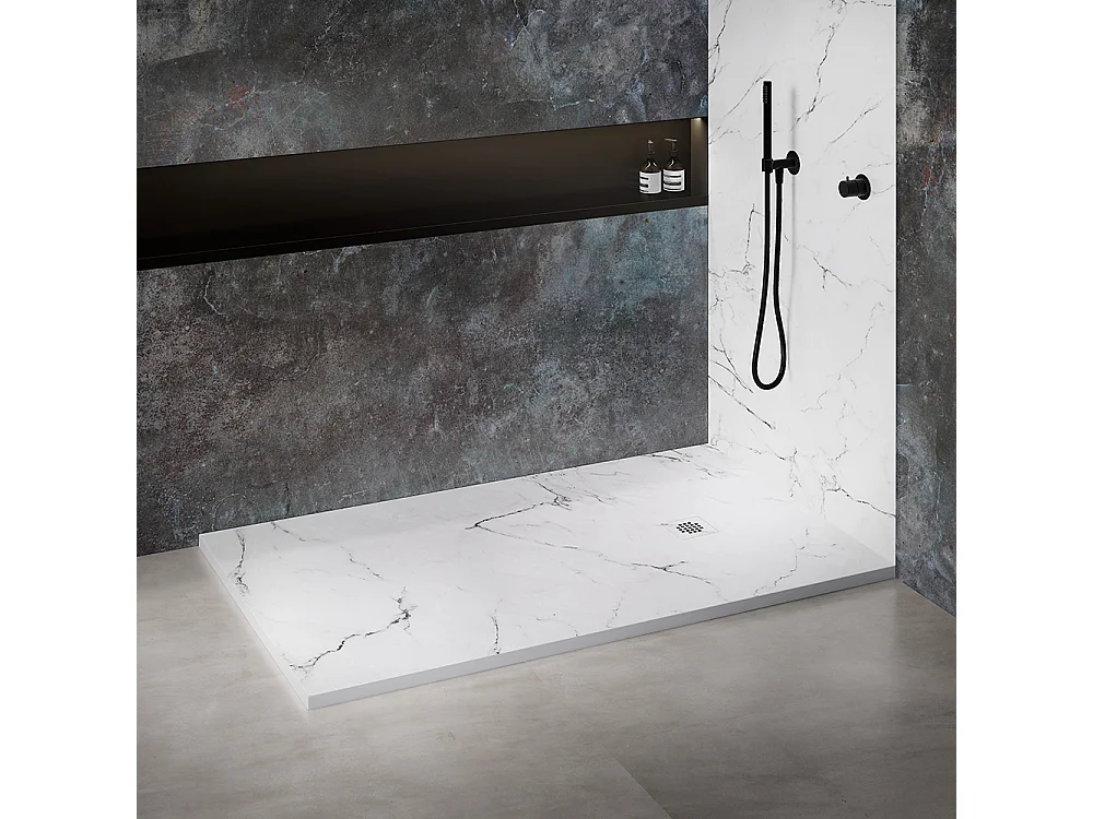 Receveur de douche en résine 180 x 80 cm imitation marbre blanc – grille carrée inox blanc excentrée
