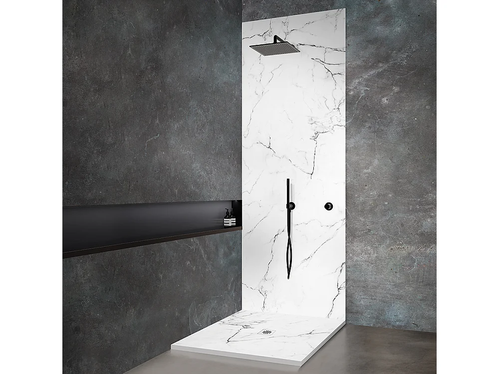 Receveur de douche en résine 70 x 70 cm imitation marbre blanc – grille carrée inox blanc centrée