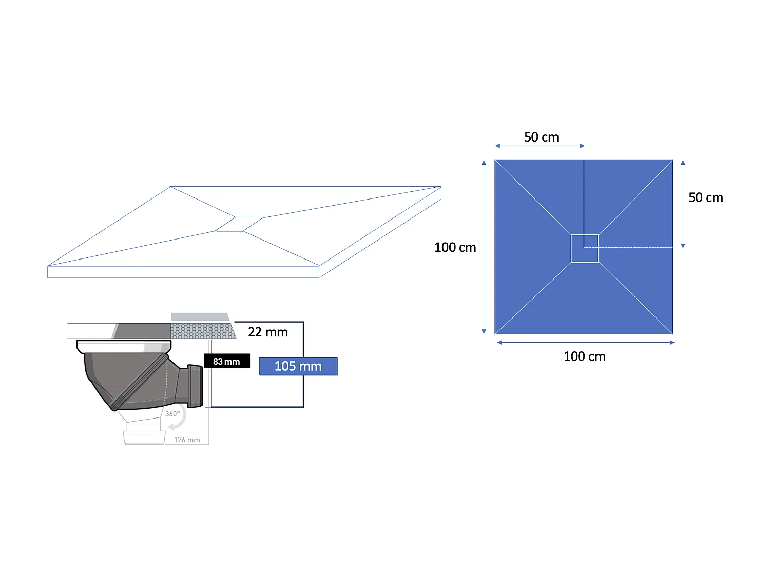 Receveur de douche en résine 70 x 70 cm imitation marbre blanc – grille carrée inox blanc centrée