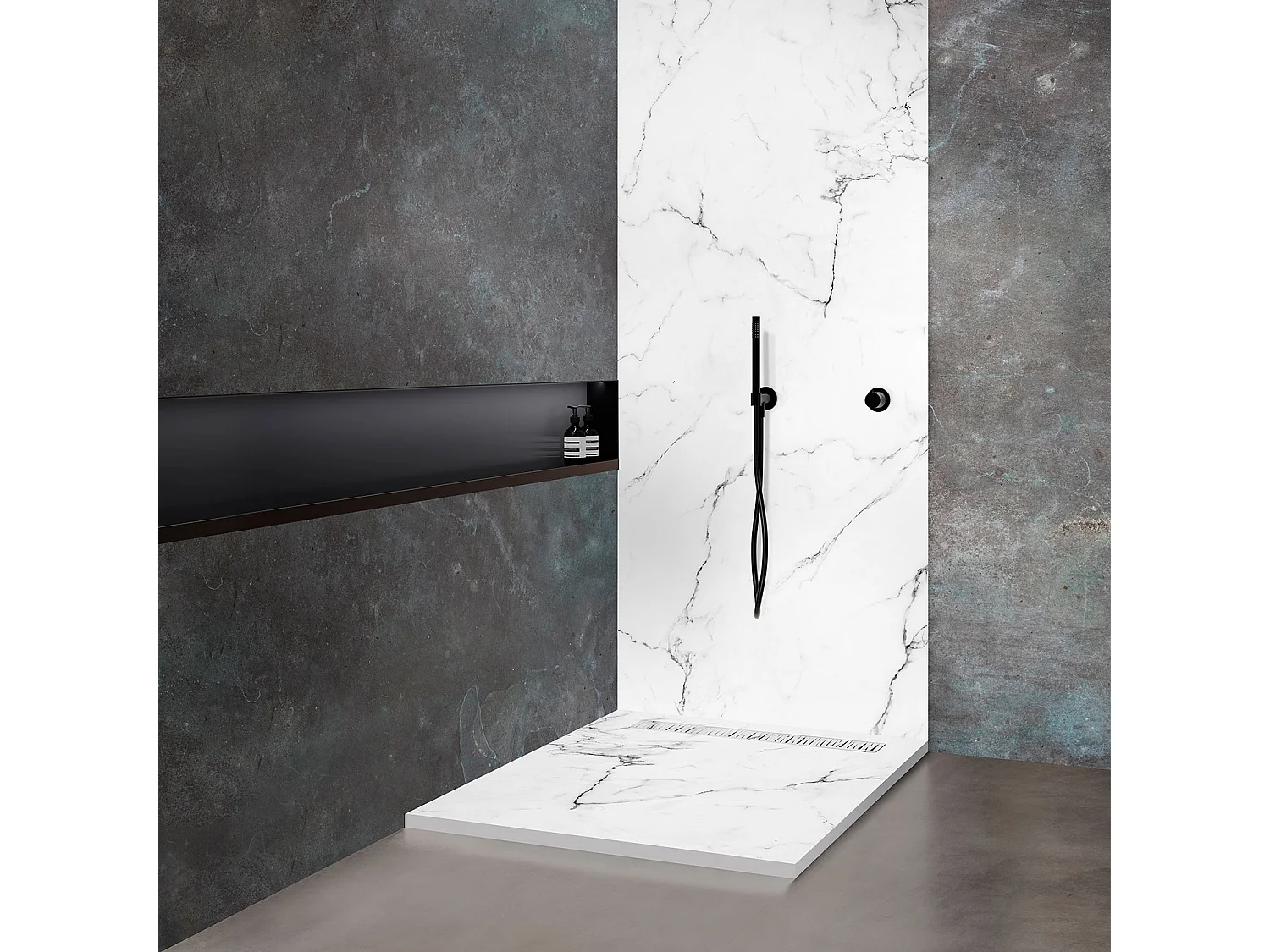 Receveur de douche 100x100 cm en résine effet marbre blanc – caniveau linéaire excentré/centré inox, siphon ultra-plat + natte étanche