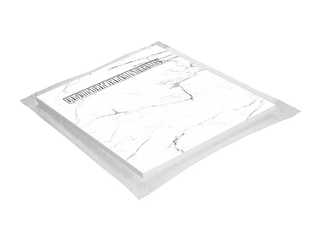 Receveur de douche 100x100 cm en résine effet marbre blanc – caniveau linéaire excentré/centré inox, siphon ultra-plat + natte étanche