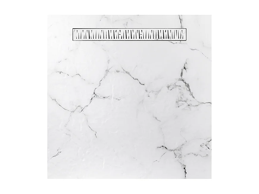 Receveur de douche 100x100 cm en résine effet marbre blanc – caniveau linéaire excentré/centré inox, siphon ultra-plat + natte étanche