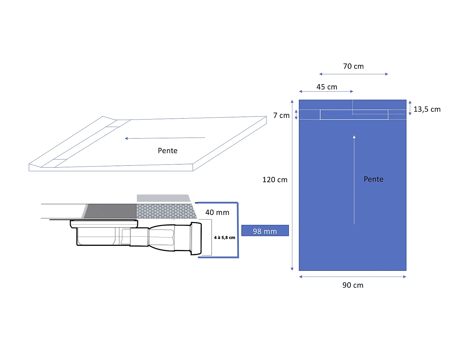 Onbath's receveur de douche  à carreler mono pente 120x90 cm recoupable