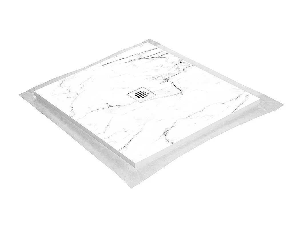 Receveur de douche en résine 90 x 90 cm imitation marbre blanc – grille carrée inox blanc centrée