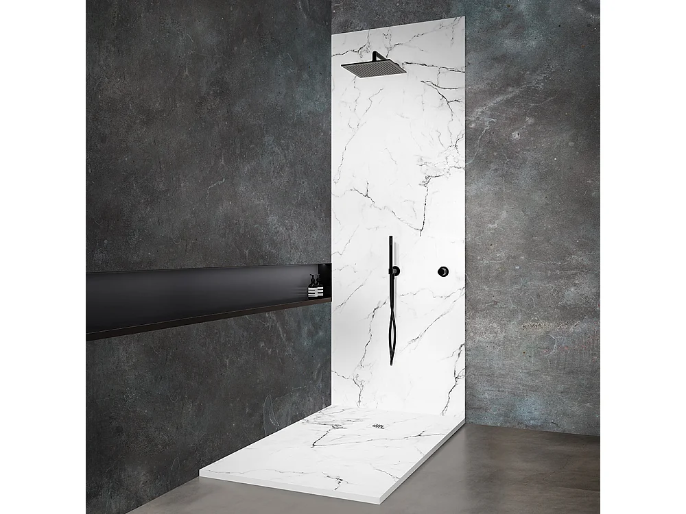 Receveur de douche en résine 140 x 90 cm imitation marbre blanc – grille carrée inox noir excentrée
