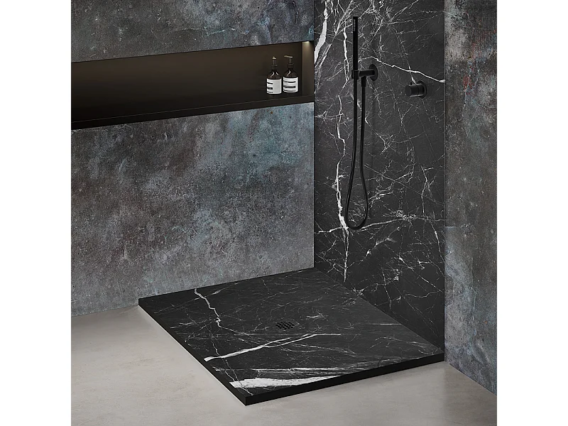 Receveur de douche 80x80 cm en résine effet marbre noir – caniveau linéaire excentré/centré inox noir marbre, siphon ultra-plat + natte étanche