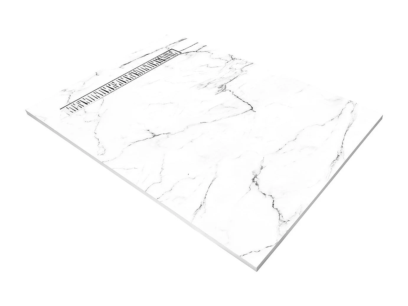 Receveur de douche 100x80 cm en résine effet marbre blanc, caniveau – grille excentrée/centrée, siphon ultra-plat + natte étanche