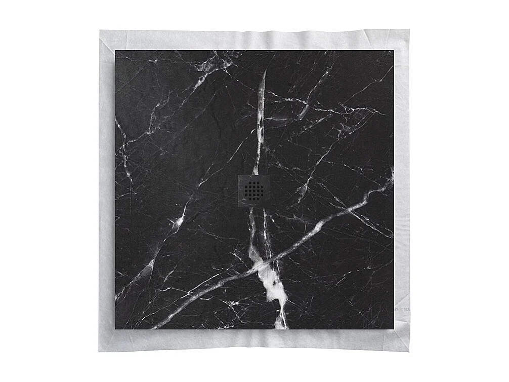 Receveur de douche en résine 70 x 70 cm imitation marbre noir – grille carrée inox noir centrée