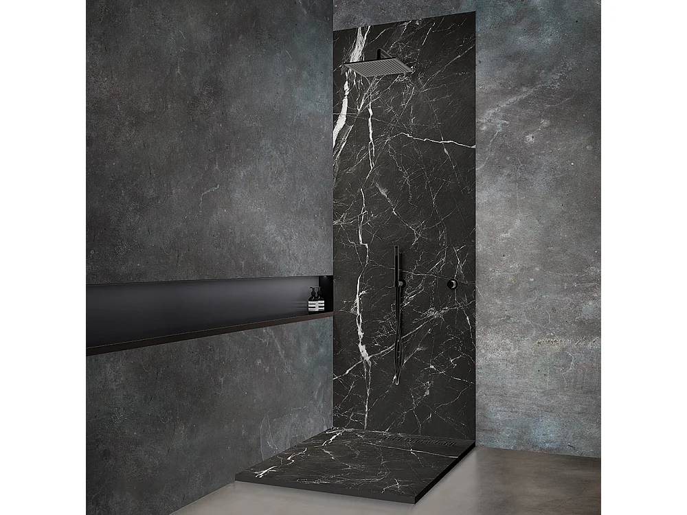 Receveur de douche 70x70 cm en résine effet marbre noir – caniveau linéaire excentré/centré inox noir marbre, siphon ultra-plat + natte étanche