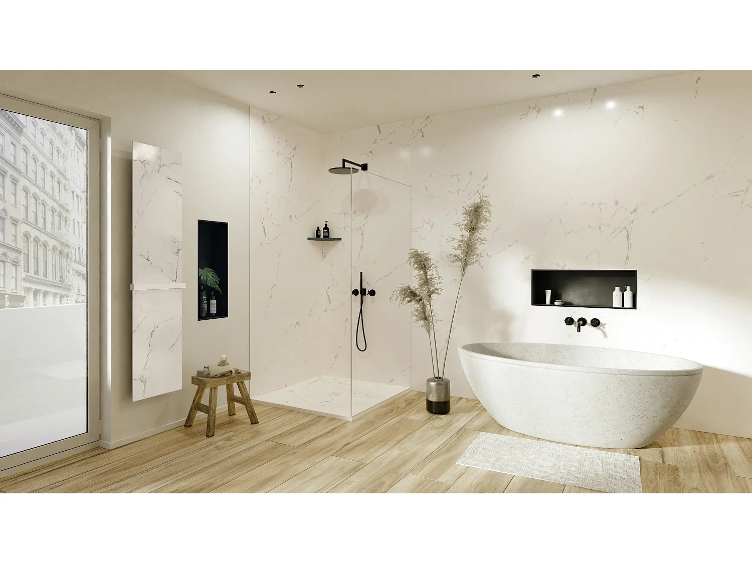 Receveur de douche 140x80 cm en résine effet marbre blanc – caniveau linéaire excentré/centré inox blanc, siphon ultra-plat + natte étanche