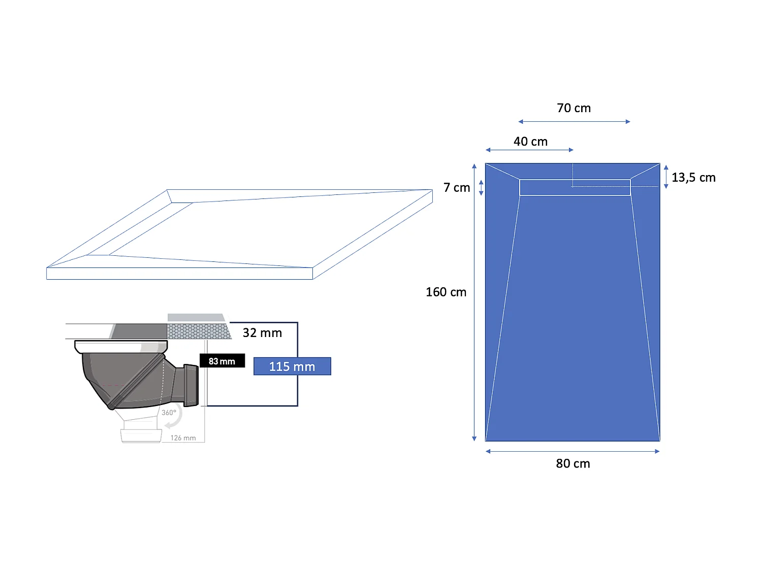 Receveur résine 160x90 cm gris ardoise imitation ardoise - grille caniveau excentrée