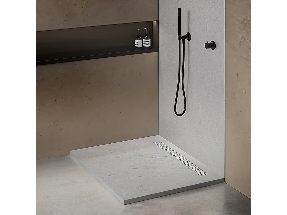 Receveur résine 70x70 cm blanc imitation ardoise - grille caniveau excentrée