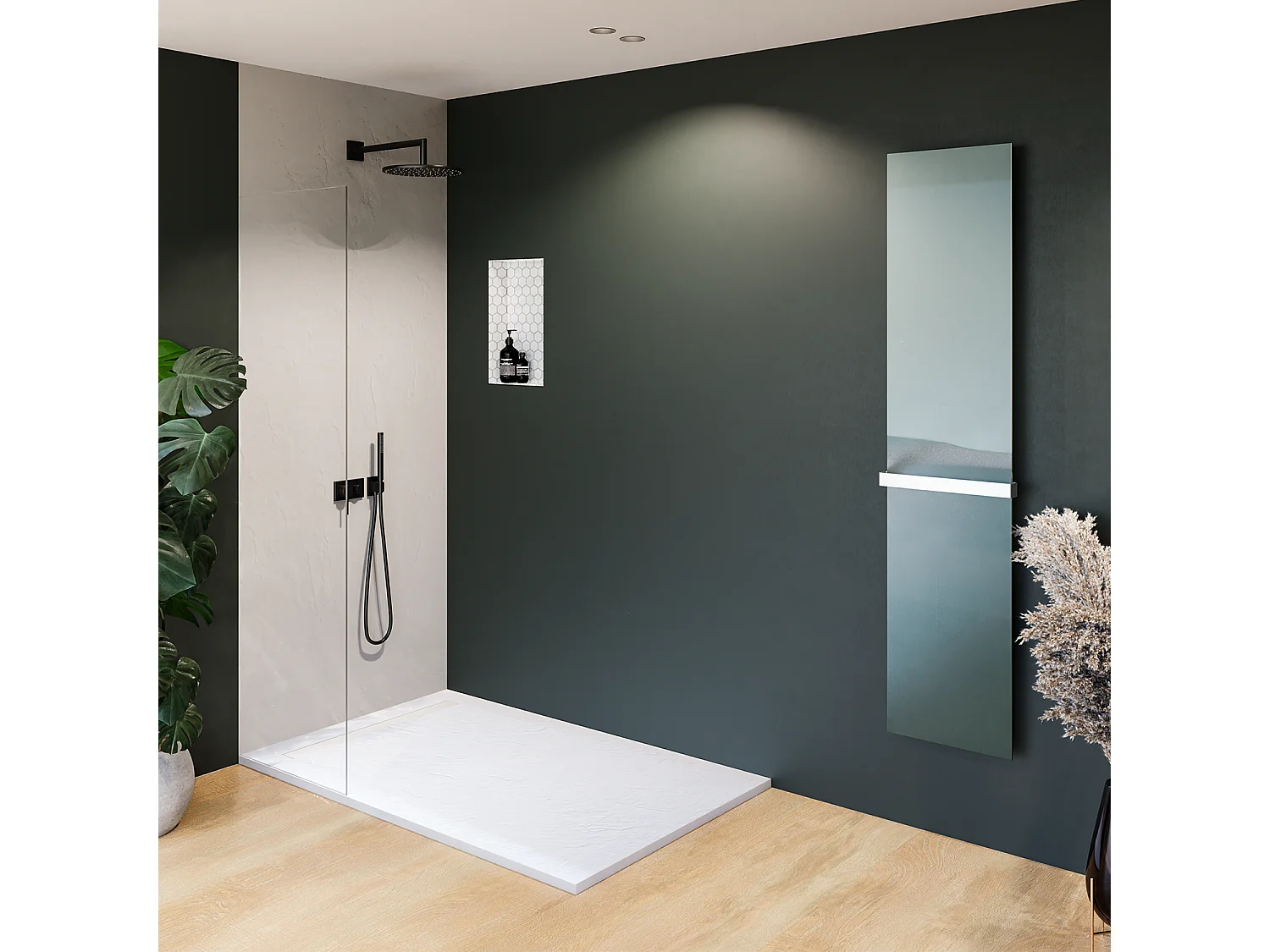 Receveur résine 140x80 cm blanc imitation ardoise - grille caniveau excentrée