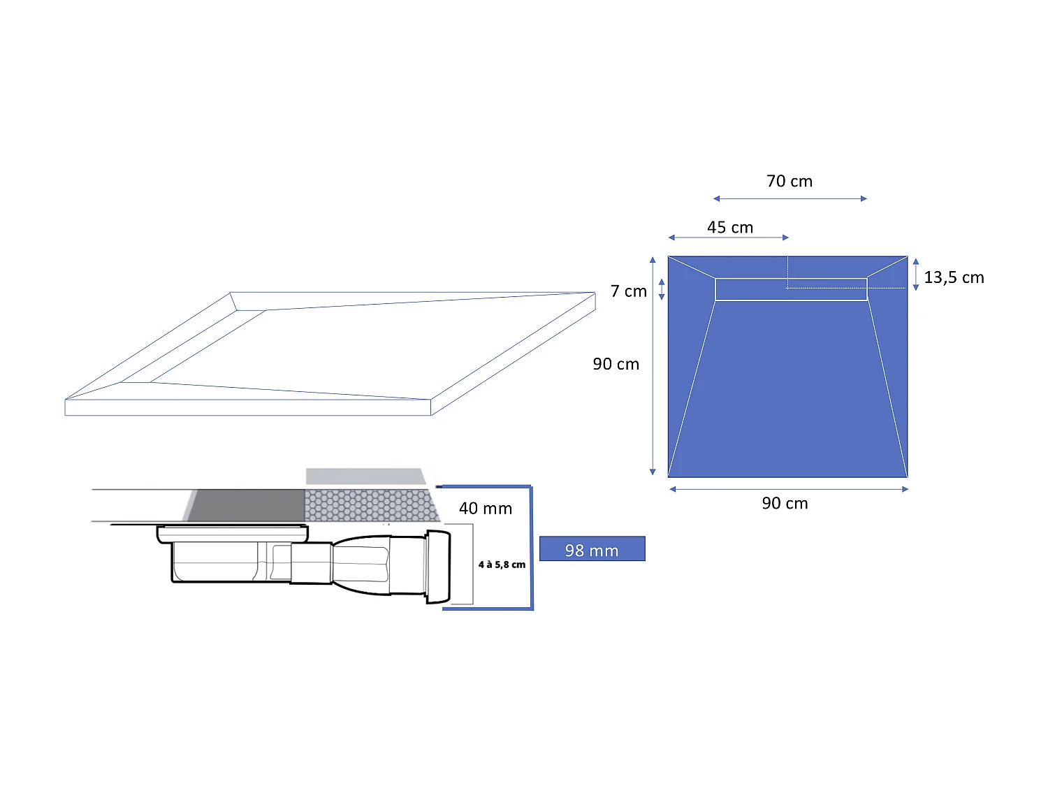 Onbath's bac à douche  à carreler siphon plat 120x80 cm recoupable