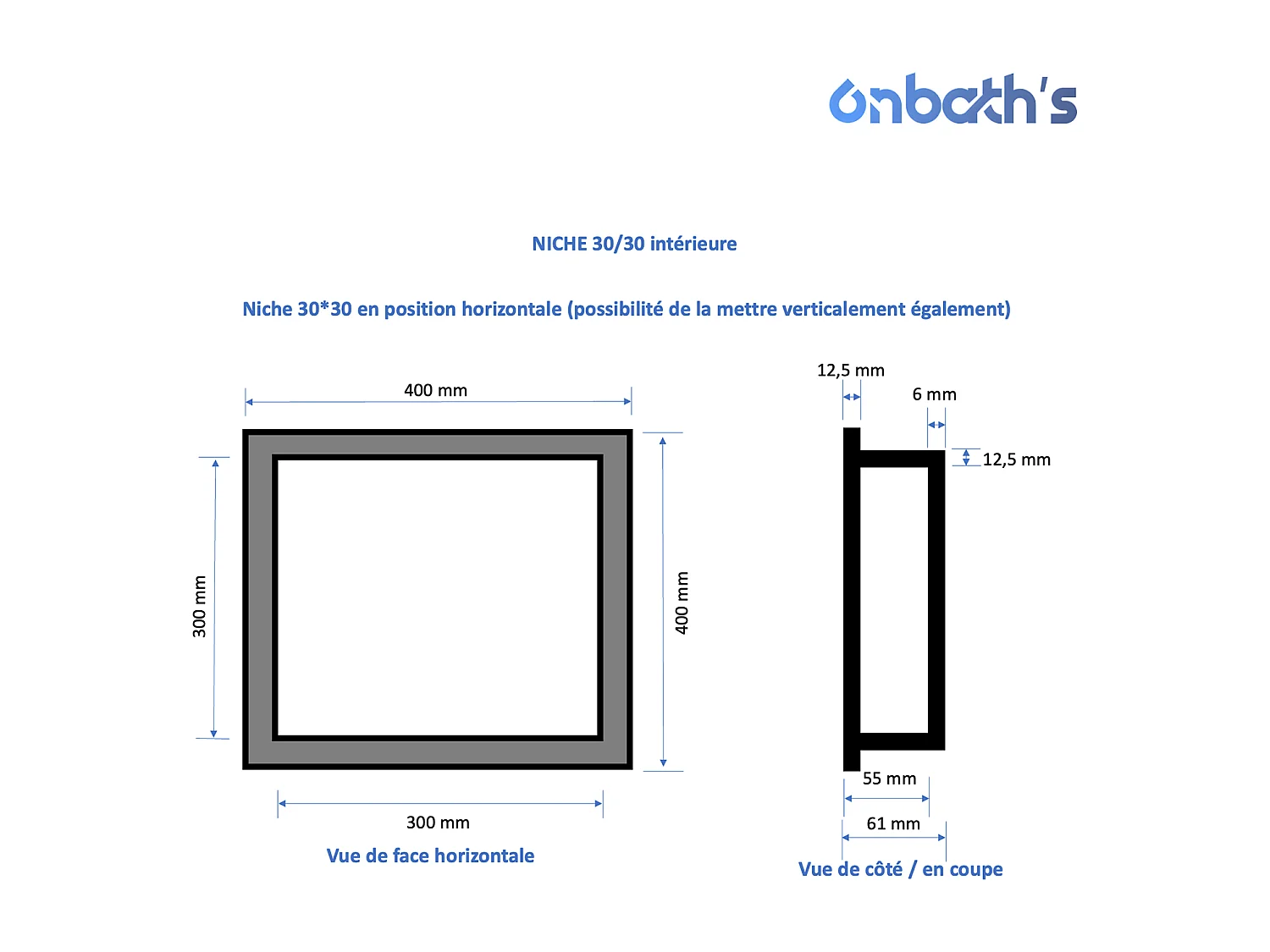 Niche à carreler étanche 30x30 cm – profondeur 6 cm – avec natte étanche – NICHE30/30-INT-OB