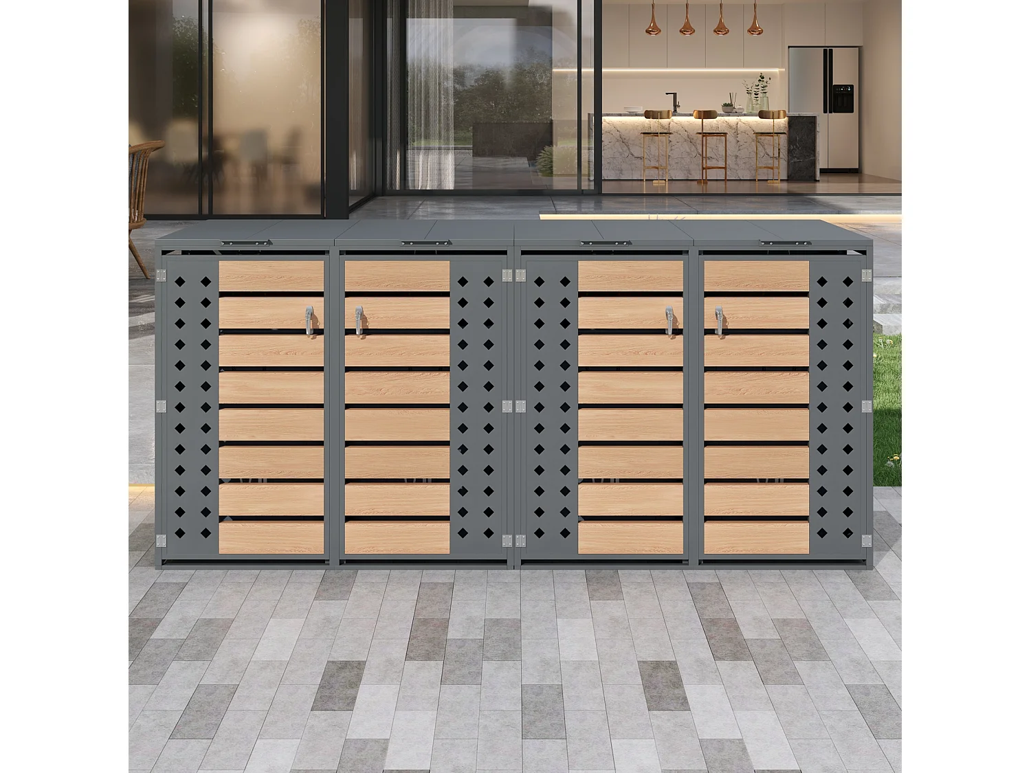 Abri pour 4 poubelles de jardin - 2 x 132 x 80 x 118.5 cm - avec couvercle à charnières + verrouillable + 2 portes - métal - gris + naturel