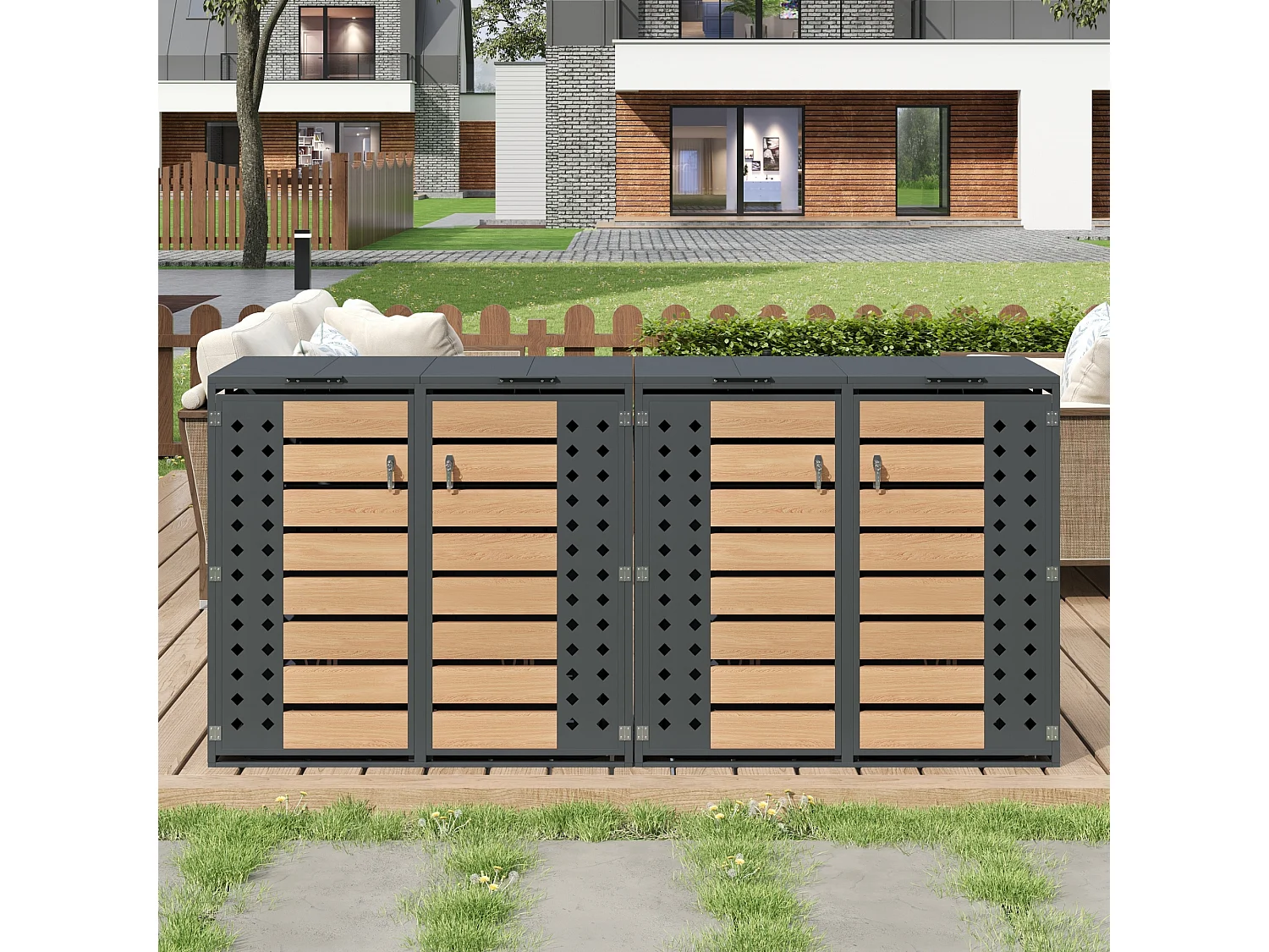 Abri pour 4 poubelles de jardin - 2 x 132 x 80 x 118.5 cm - avec couvercle à charnières + verrouillable + 2 portes - métal - gris + naturel