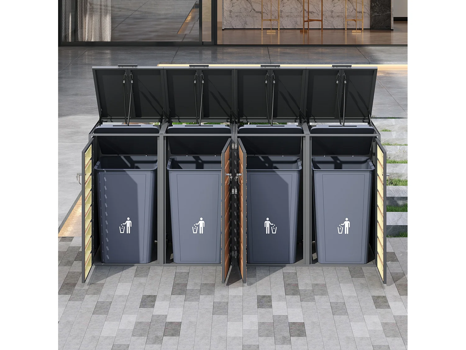 Abri pour 4 poubelles de jardin - 2 x 132 x 80 x 118.5 cm - avec couvercle à charnières + verrouillable + 2 portes - métal - gris + naturel