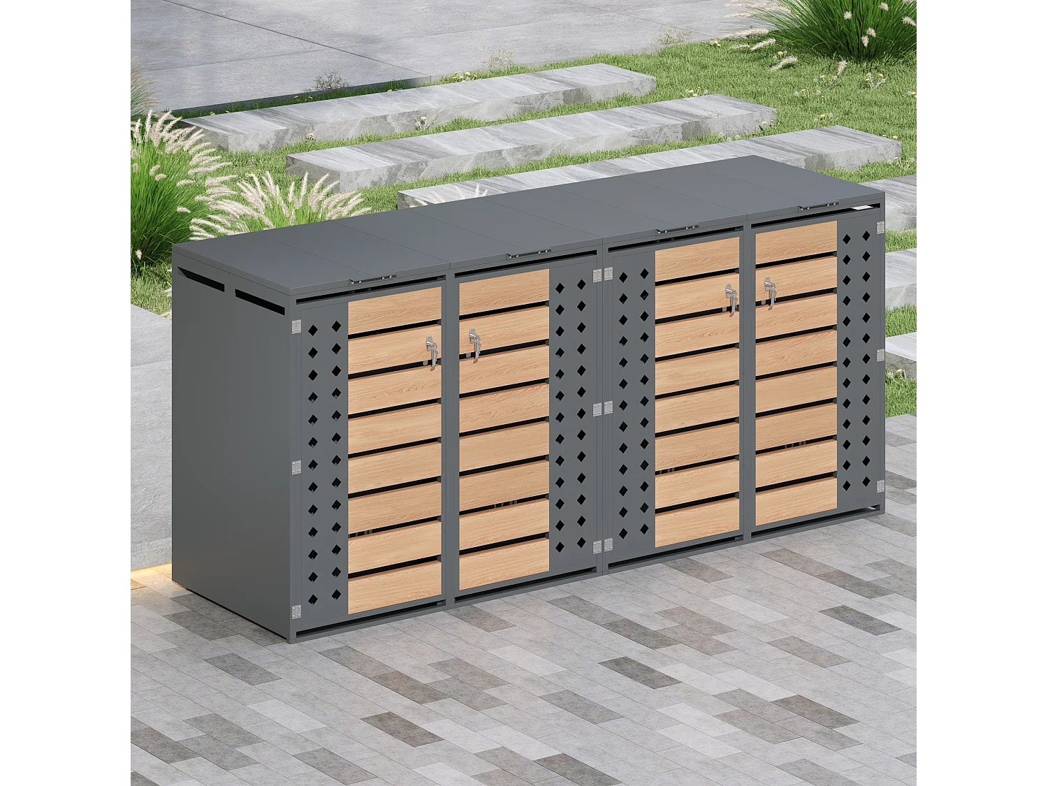 Abri pour 4 poubelles de jardin - 2 x 132 x 80 x 118.5 cm - avec couvercle à charnières + verrouillable + 2 portes - métal - gris + naturel