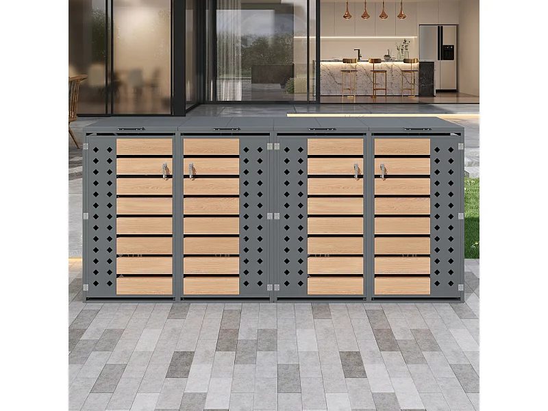 Abri pour 4 poubelles de jardin - 2 x 132 x 80 x 118.5 cm - avec couvercle à charnières + verrouillable + 2 portes - métal - gris + naturel
