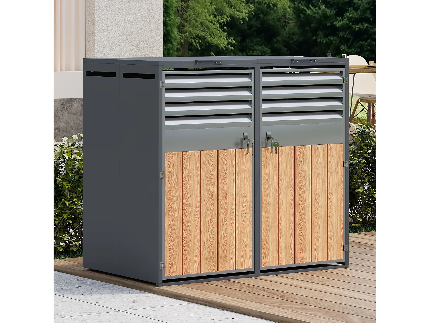 Abri pour 2 poubelles de jardin - 132 x 80 x 118.5 cm - avec couvercle à charnières + verrouillable + 2 portes - métal - gris + naturel
