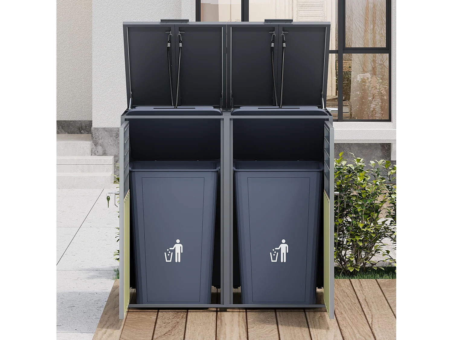 Abri pour 2 poubelles de jardin - 132 x 80 x 118.5 cm - avec couvercle à charnières + verrouillable + 2 portes - métal - gris + naturel