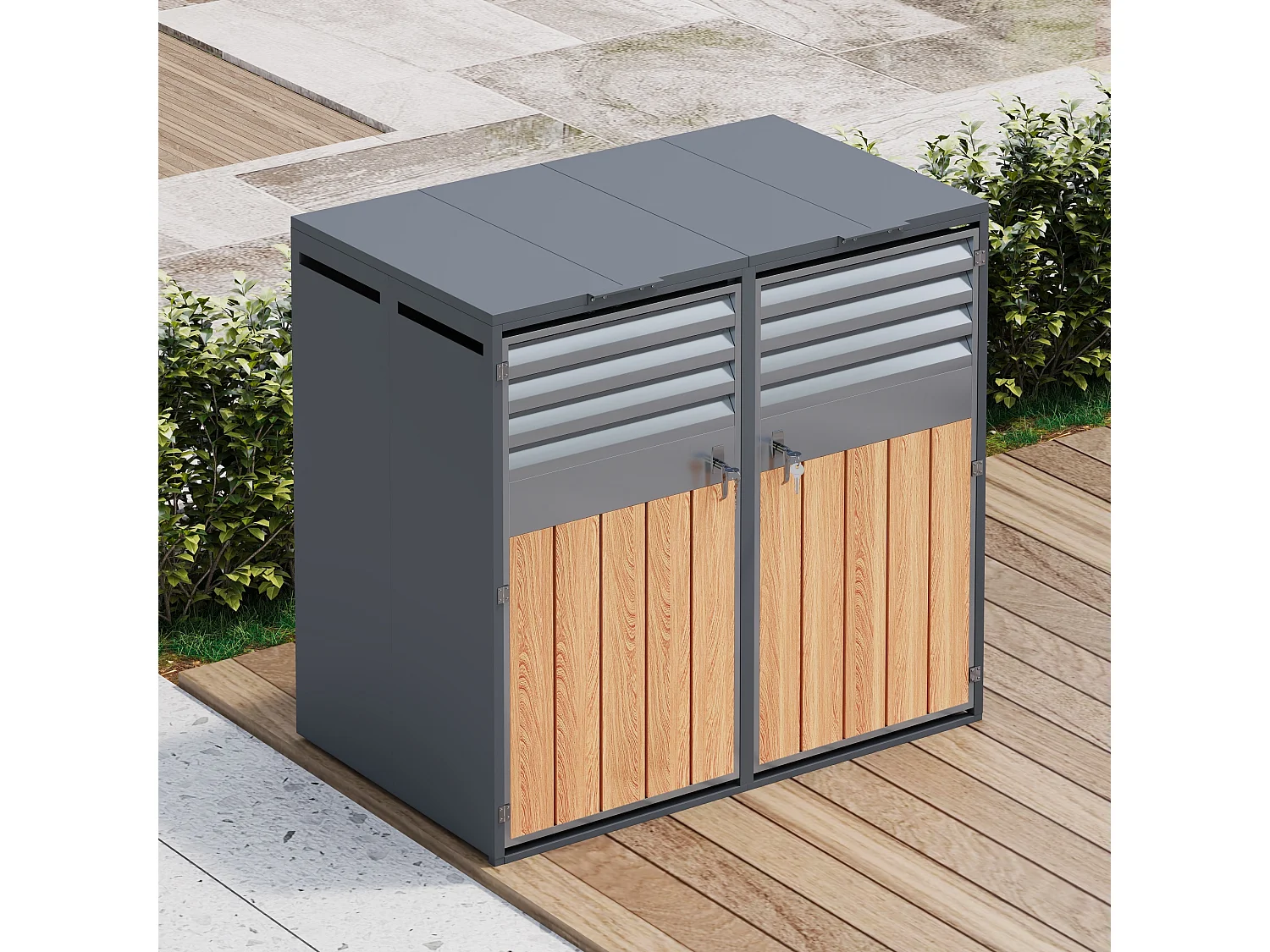 Abri pour 2 poubelles de jardin - 132 x 80 x 118.5 cm - avec couvercle à charnières + verrouillable + 2 portes - métal - gris + naturel