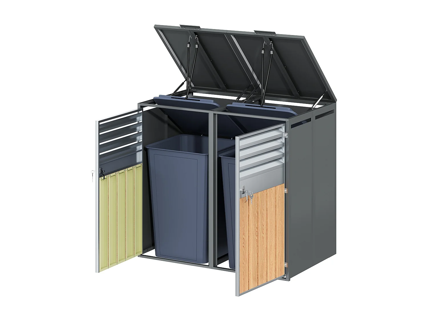 Abri pour 2 poubelles de jardin - 132 x 80 x 118.5 cm - avec couvercle à charnières + verrouillable + 2 portes - métal - gris + naturel